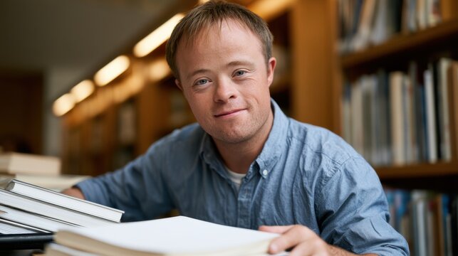 Young male student with Down syndrome smiles while studying at a library table surrounded by stacks of books and wooden shelves filled with literature