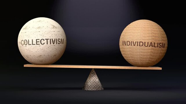 Collectivism and Individualism in balance - balancing spheres on a scale symbolizing harmony, equity and equilibrium between collectivism and individualism. Made by human for humans