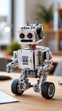 White robotic toy with wheels and expressive eyes stands on a wooden desk, surrounded by a modern workspace with plants and blurred background elements