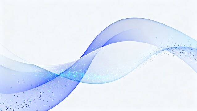 White background with blue transparent ribbons, starlight particles, and streamlined design for a business setting.