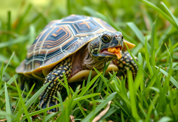 Fototapeta premium Small turtle with a patterned shell eating an orange snack in lush green grass, close up outdoor nature scene