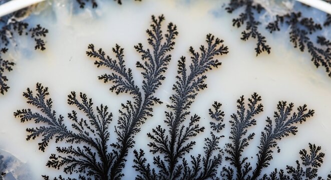 Intricate fractal patterns of black dendrites on a white agate stone, evoking natural beauty and geological wonder.