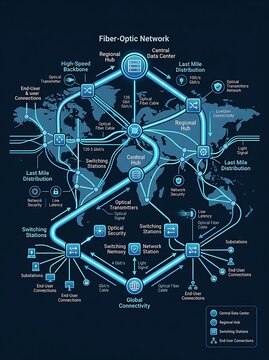 Global fiber optic network infrastructure diagram on world map