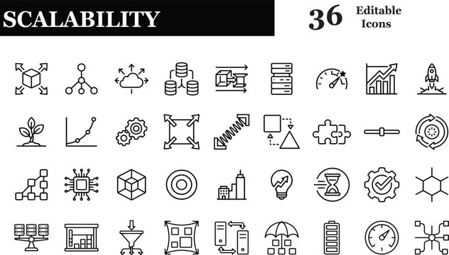 Scalability icon set. including expansion, scalable resize, growth, performance, capacity, adaptability, efficiency, and more. outline icon set. vector illustration with editable