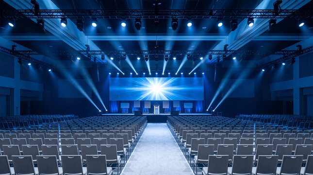 Empty conference hall with stage, bright screen, and rows of chairs in blue lighting