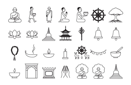 Buddhism and Spiritual Symbols Line Art Vector Icon Set