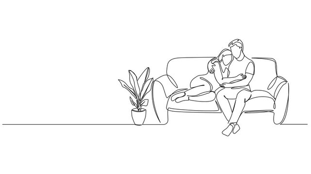 animated continuous line drawing of a young couple relaxing and cuddling together on sofa, minimalist line art animation