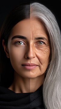 Close up portrait showing a split screen comparison of a woman's face, highlighting the effects of aging in a dramatic visual