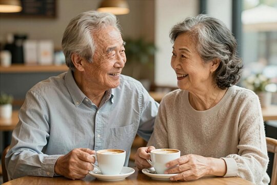 Elderly couple enjoys coffee together at a cafe during a sunny afternoon