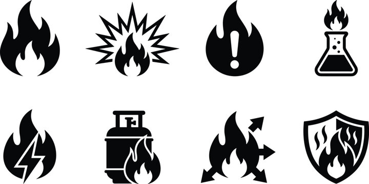 Fire safety hazard icon set with flame warning explosion gas tank and protection shield symbols