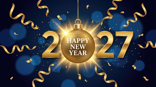 Happy New Year 2027 celebration background, golden 2027 numbers with bauble, elegant blue festive banner with gold confetti and streamers