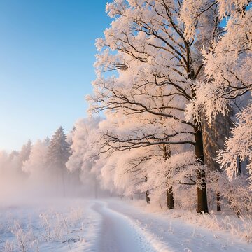 Autumn tree with colorful leaves against a snowy landscape