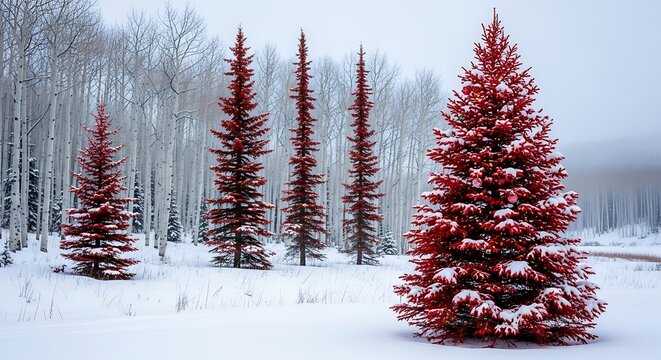 Beautiful red christmas tree in a snowy forest with snow-covered trees