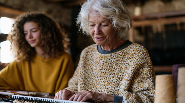 An elderly lacemaker and a teenage granddaughter work side by side in an industrial heritage workshop, bobbins crossing in practiced energy management sequences, the peak