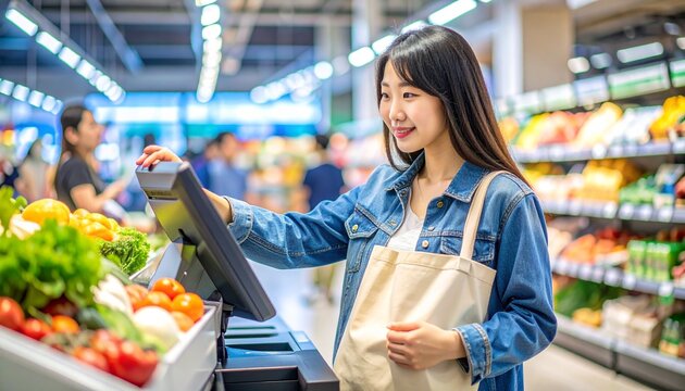 Young Woman Using Self Checkout Kiosk at Grocery Store