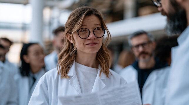 A crowd of researchers in matching lab coats fills a sterile white environment around a library science archivist who holds a printed brain-computer interface patent document, the