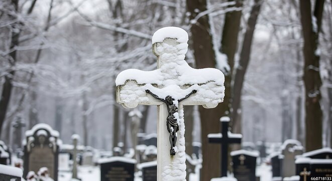 Black and white crucifixion statue in snowy forest setting