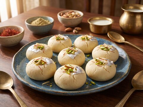 Authentic Indian Milk Peda Sweet Garnished with Saffron and Pistachios on Rustic Wooden Table