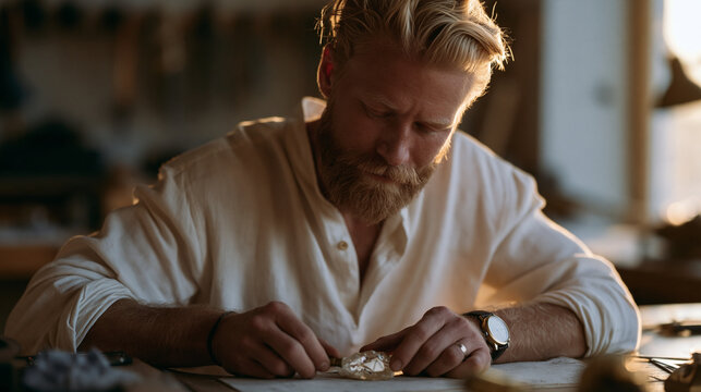 A lapidary craftsman examines a rough gemstone at golden hour on a workshop bench, the warm amber light angling over his shoulder onto the stone's fractured interior, the layered