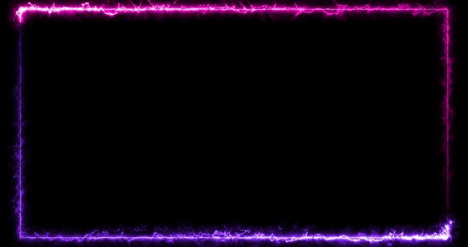 Neon Electric Energy Frame Border Animation on Black Background. Glowing Purple Pink Lightning Rectangle Overlay, Futuristic Streaming, Gaming, HUD Loop in 4K.