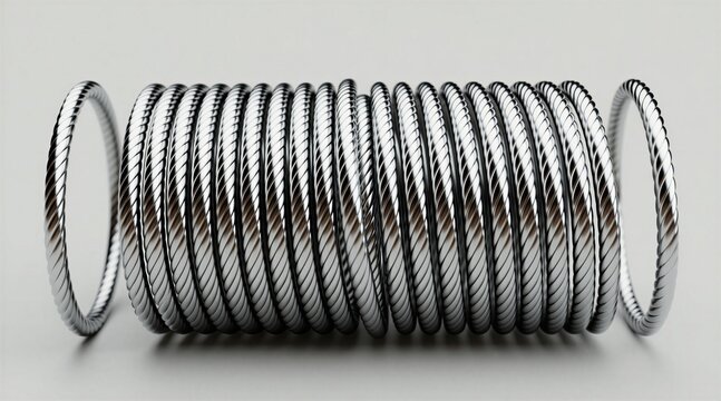 Shiny metallic coil spring rests on plain background. Silver steel wire wound in tight helical spiral pattern. Pro industrial component shows engineering precision, elasticity. Durable metal part