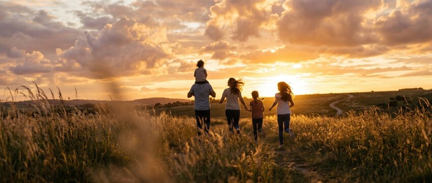 Family Walking Together Through Golden Field at Sunset.