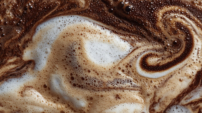 Close-up macro shot of swirling chocolate milk with foam and bubbles creating abstract patterns.