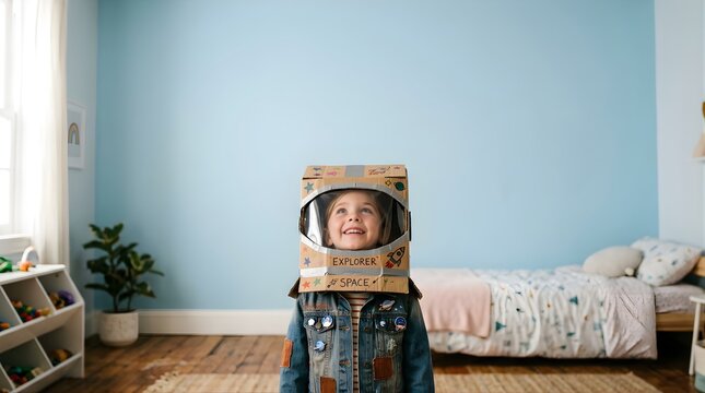 Happy young girl playing as an astronaut wearing a cardboard helmet at home