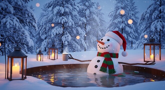 Colorful snowman holding umbrella in winter village scene with lanterns