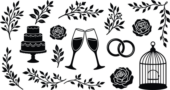 Elegant wedding card decoration vector element set featuring botanical leaves cake champagne flutes rings roses and decorative birdcage silhouettes on white background