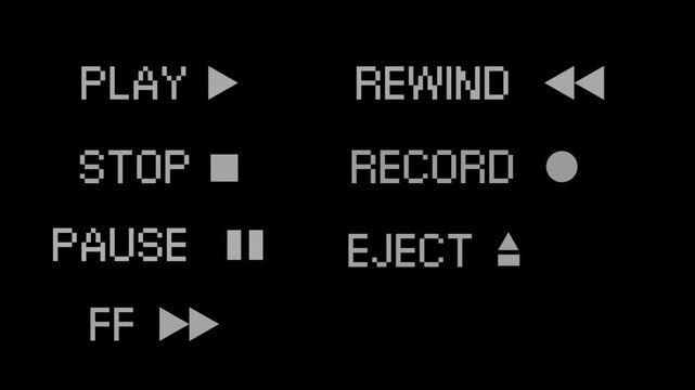 Vintage media player interface with essential playback control buttons including play, stop, pause, fast forward, rewind, record, and eject functions, on a dark background