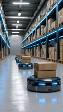 Wide angle view of a modern warehouse with automated guided vehicles transporting boxes
