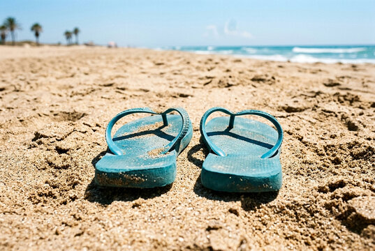 Blue flip flops abandoned on a sunny sandy beach coast.