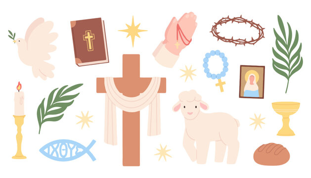 A minimalist Christian icon illustration featuring a cross, lamb, and holy symbols on a transparent background