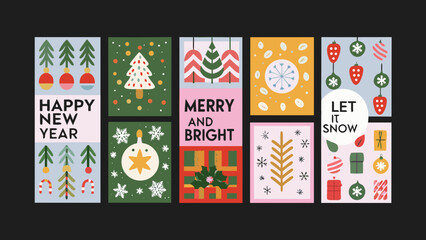 Festive greeting card collection featuring christmas trees ornaments and winter foliage vector illustration cards greetings holiday holidays © Suranjan