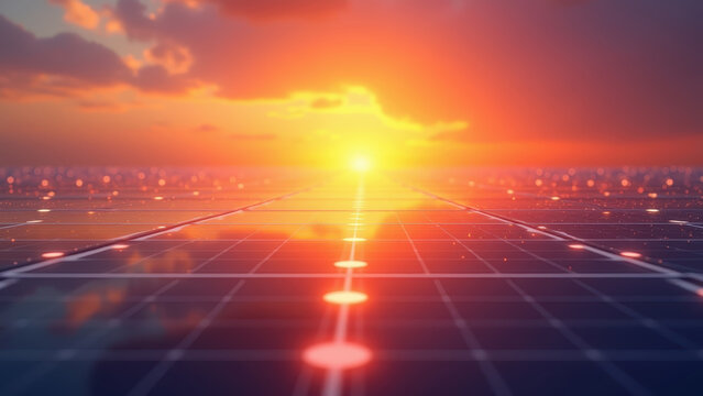 Solar panel surface reflecting vivid sunset sky with energy pulses flowing outward, glowing bokeh background