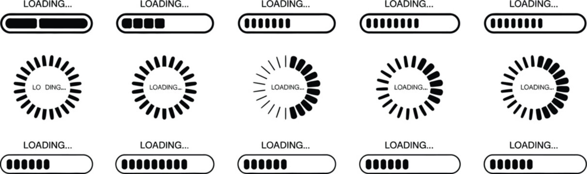 Loading, progress bar icon collection with download status, buffering indicators and completion symbols, editable vector set.