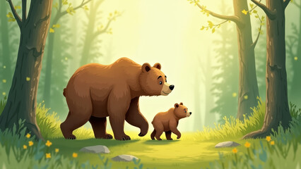 Naklejka premium Cartoon bear family illustration, big bear and small bear cub walking in forest, soft green gold tones, Father's Day animal concept.