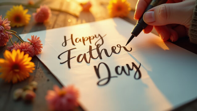 Macro vivid handwritten Father's Day letter on craft paper with dried flowers, warm bokeh light