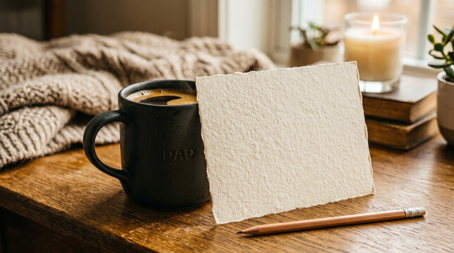 Blank greeting card with coffee cup. Empty paper note for message on wooden table.
