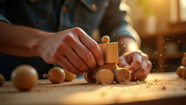 Father carpenter hands assembling wooden toy for child, sawdust floating in golden light