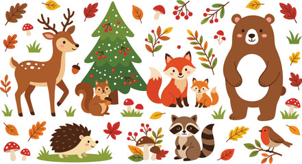 Naklejka premium Cute Autumn Forest Animals Set Featuring Deer Bear Fox Raccoon Hedgehog Squirrel Pine Tree and Leaves for Kids Woodland Pattern Design