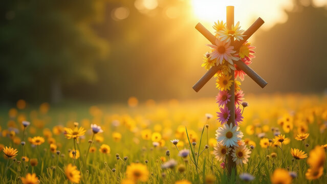 Vivid Scandinavian midsommar maypole decorated with vivid flowers slowly rotating