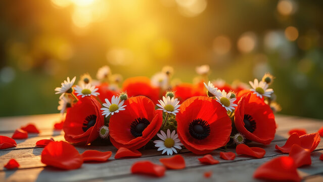 Macro vivid red poppy and chamomile wreath on wooden table, golden sunlight, petals slowly drifting