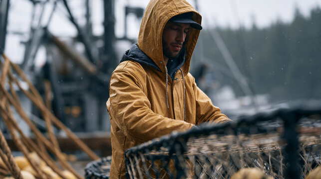 Crab trap lines run from a fishing vessel through rain-soaked dock planking as a deckhand threads autonomous delivery drone waypoint stickers onto buoys, the process of hybrid