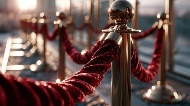 Red velvet rope barriers and brass stanchions on a red carpet event. Exclusive VIP access concept for luxury events.