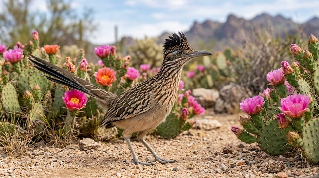 Detailed profile shot of a wild Greater Roadrunner bird with its crest raised standing alert on a sandy desert floor surrounded by cactus.