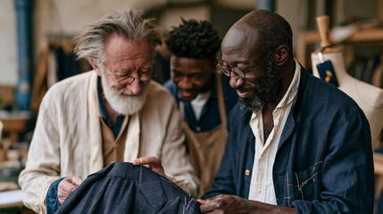 Obraz premium A master tailor and young apprentice examine a completed suit jacket together in an industrial atelier, the older craftsman adjusting lapels while the younger observes sleeve