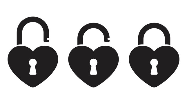 Heart-shaped padlock icon set showing an unlocked, open lock in three positions