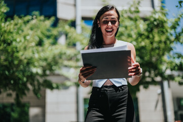 Fototapeta premium Young professional woman holds a laptop and smiles during an outdoor work meeting. The same woman appears engaged and happy while using a device in a sunny urban setting.